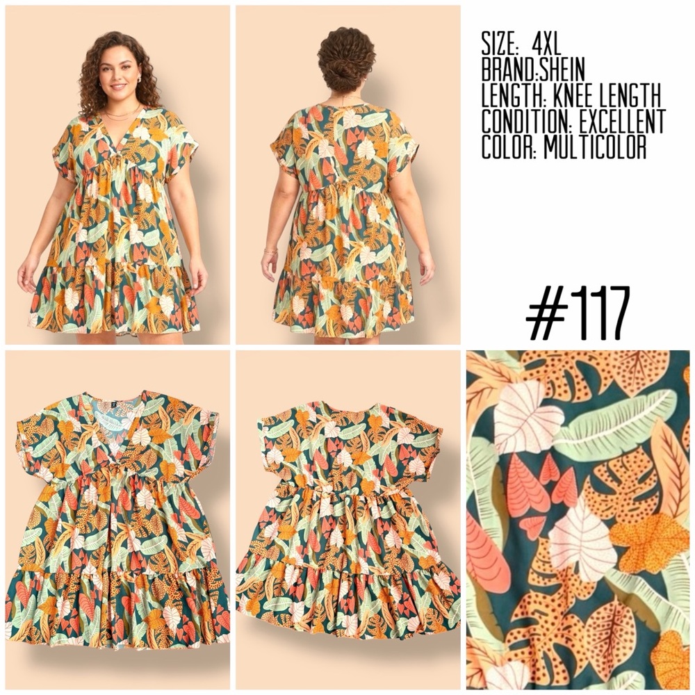 SHEIN Green Multi-Color Tropical Leaf V-Neck Smock Dress - Picture 6 of 6